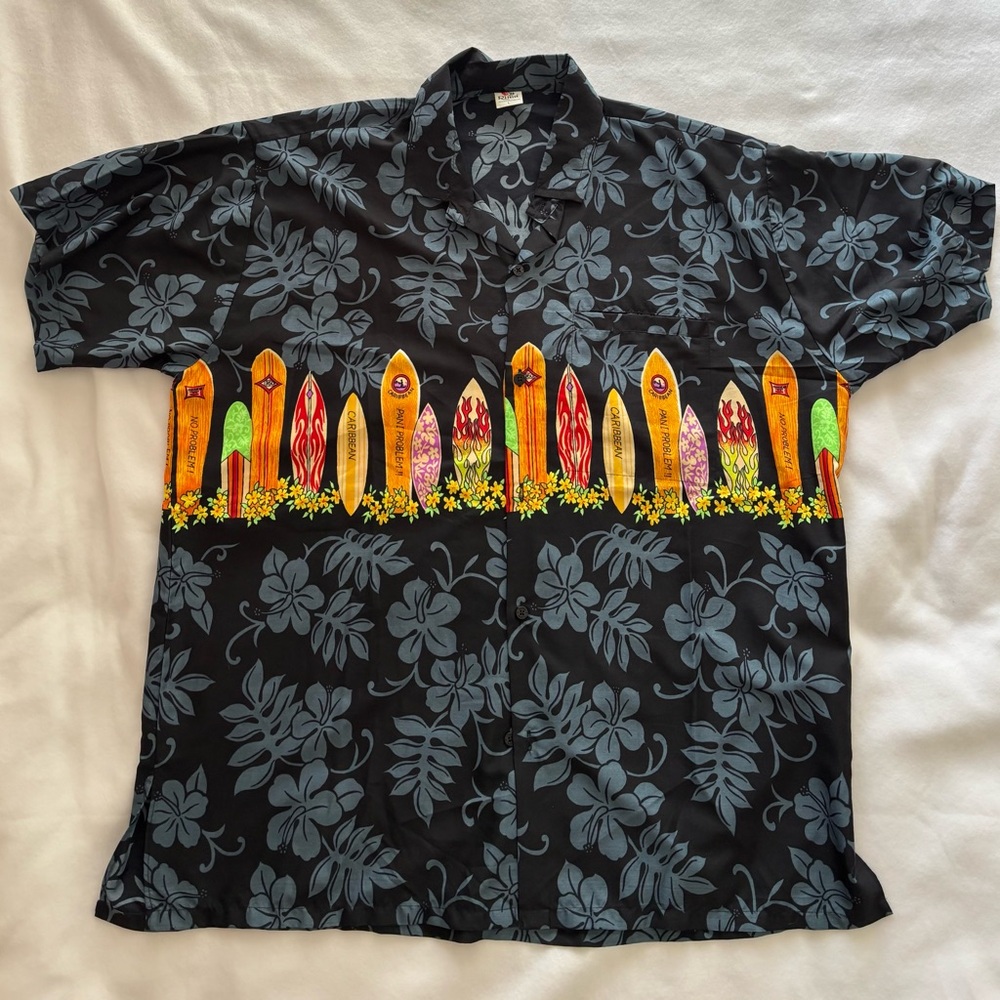 Black and Blue Casual Button Down Shirt with Surfboard Design Large